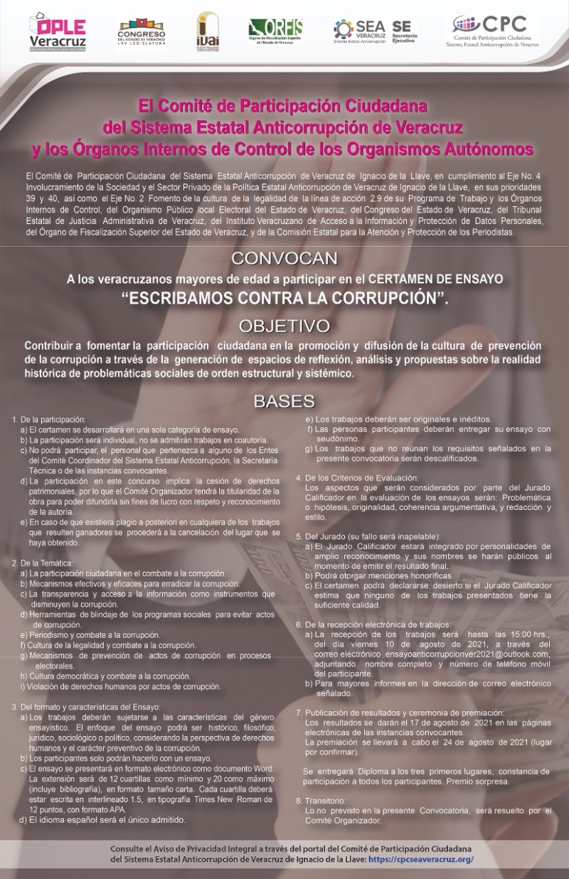 El Órgano Interno de Control del OPLE Veracruz y el Sistema Estatal Anticorrupción invitan a participar en el Certamen de Ensayo: “Escribamos Contra la Corrupción”