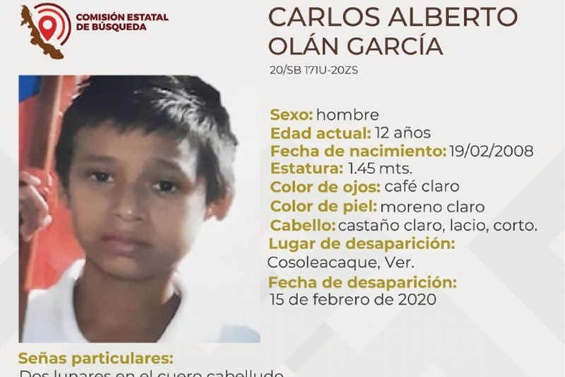 Reportan desaparición de niño de 12 años en Cosoleacaque, Veracruz