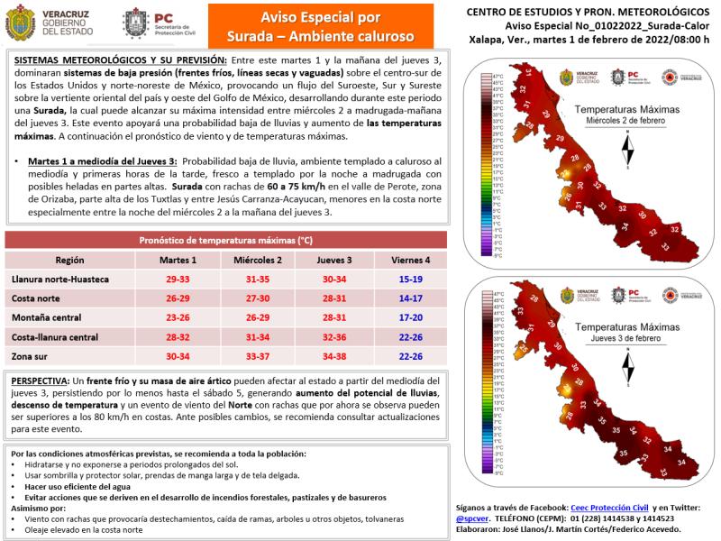 Población veracruzana: Aviso Especial por Surada-ambiente caluroso. 01-02-2022