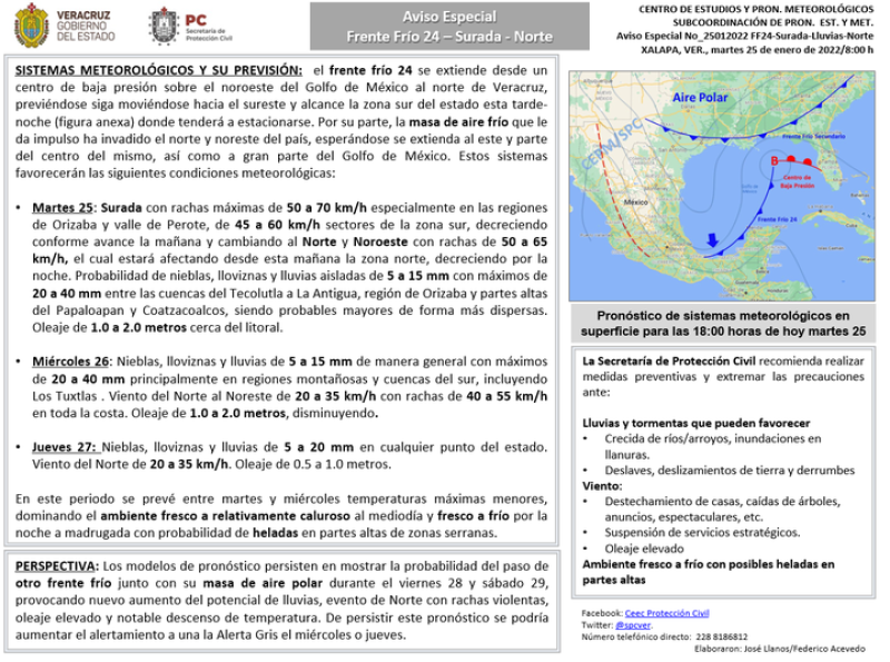 Población veracruzana: Aviso Especial por Frente frío 24-Lluvia-Norte-Surada. 25-01-2022
