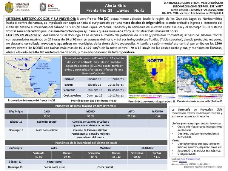 Población veracruzana: Alerta Gris por Frente frío 29-Lluvia-Norte. 11-02-2022